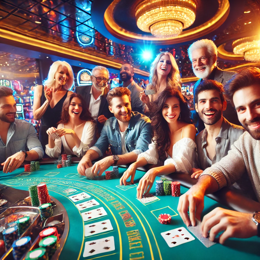 DALL·E 2024-07-13 13.15.51 - A group of people enjoying themselves at a casino. They are gathered around a gaming table, playing games like poker and blackjack. The atmosphere is